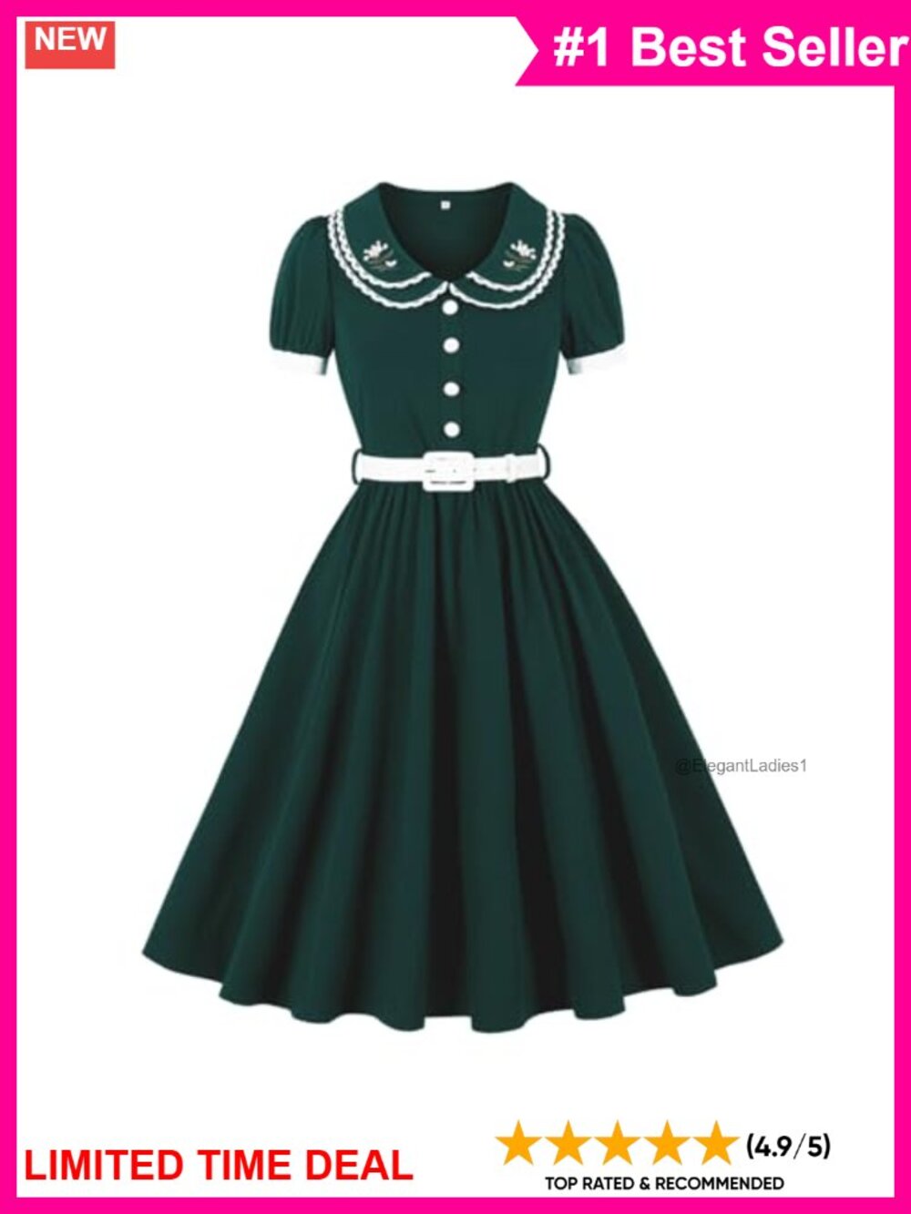 1950s Retro Swing Cocktail Dress Puff Sleeve Floral Embroidery with Belt